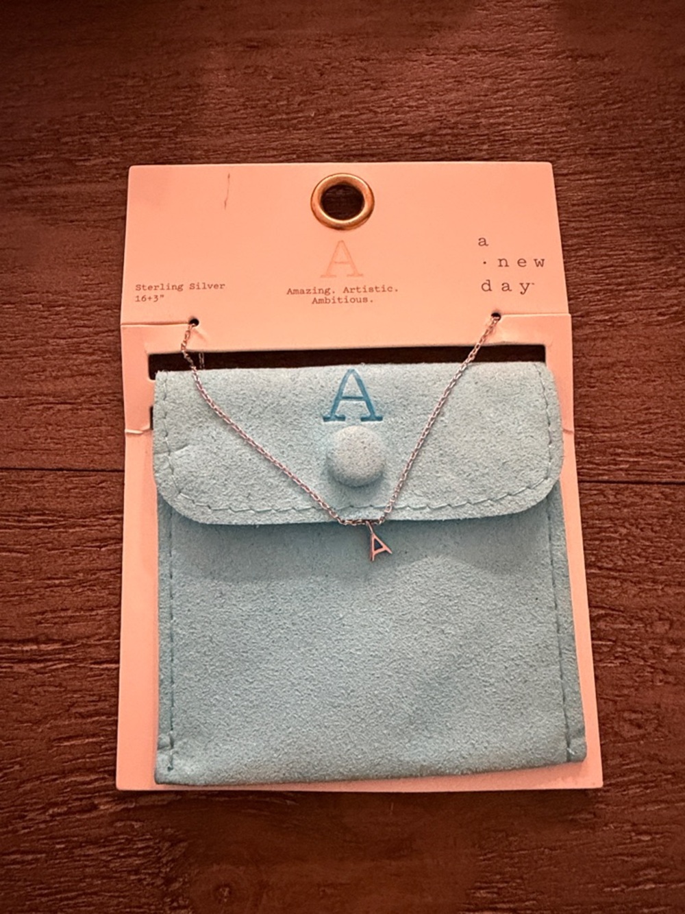 a new day Sterling Silver 'A' Necklace with Light Blue Pouch